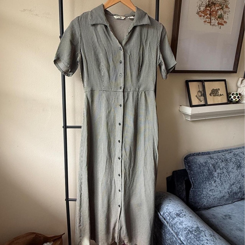 Vintage 90s Eddie Bauer Gingham Shirt Dress Petite 8 Black White